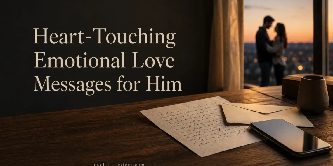 Heart-touching emotional love messages for him beside a letter and phone.