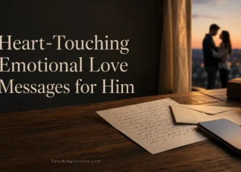 Heart-touching emotional love messages for him beside a letter and phone.